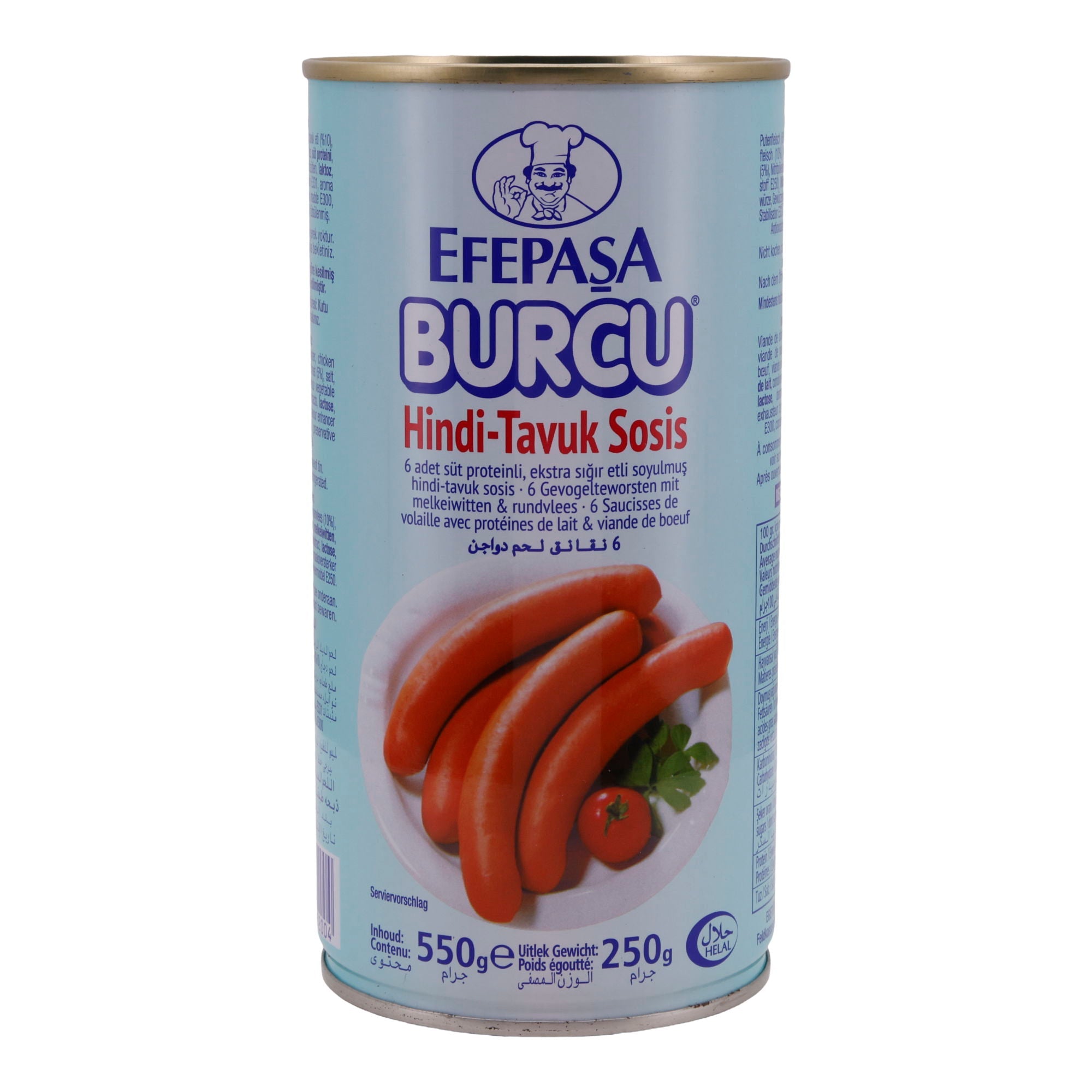 Geflügelwürstchen Efepasa Burcu | Hindi-Tavuk Sosis | Würstchen | 6 Stück, in Eigenhaut, mit Milchweiß & Rindfleischanteil | 550 g EFEPASA